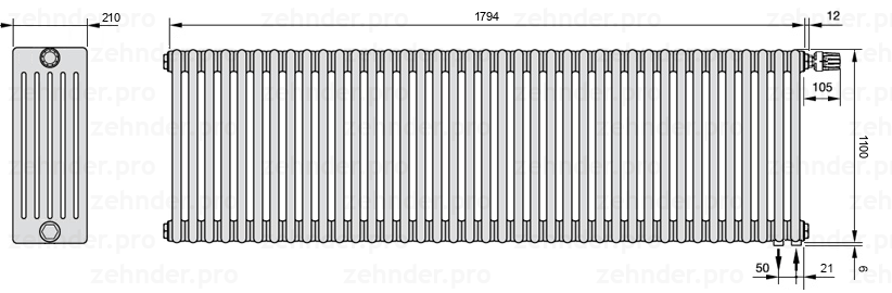 Схема (чертеж) Радиатор Zehnder Charleston 6110/39 №V002 Белый глянцевый RAL 9016